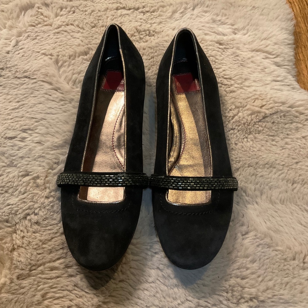 Coach Elissa Black Suede Mary Jane Flats Size 6 Shimmer Strap Round Toe Womens
